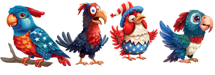 red and blue macaw with 4th of July design,patriotic looking birds on transparent background cutout, PNG file.