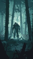 Stylized vector graphic of a lone zombie with exaggerated features wandering through a misty forest, moody and atmospheric
