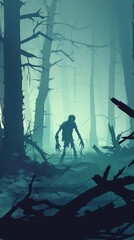 Fototapeta premium Stylized graphic of a lone zombie with exaggerated features wandering through a misty forest, moody and atmospheric
