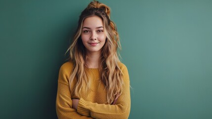 Obraz premium portrait of a young woman with a pleasant smile and crossed arms on a green studio background with copyspace