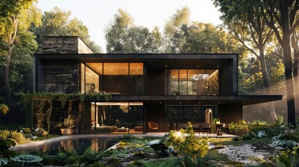 Generate a 3D rendering of a modern cubic house, isolated in a serene environment with abundant trees
