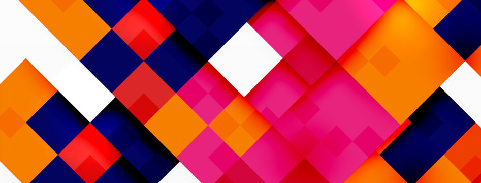 A vibrant display of colorfulness featuring squares in shades of purple, pink, violet, and magenta on a white background. This textile art piece showcases a mix of rectangles and triangles