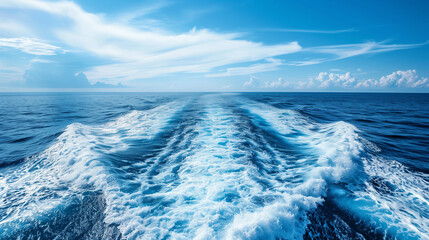 Blue ocean sea with yacht boat wake foam of prop wash.