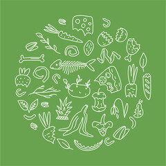 Vector illustration in the shape of a circle, organic waste, food compost garbage, hand-drawn in the style of doodles