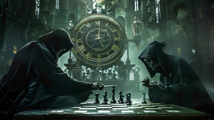 The Grim Reaper and a human engaged in a tense chess match, a large clock looming in the background, symbolizing the game against time