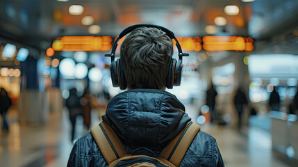 a traveler with headphones, listening to ABBA and behind him, view from back, Hight Quality ,8k