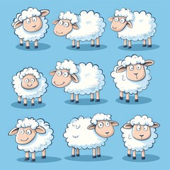 set of different cartoon sheeps on blue background