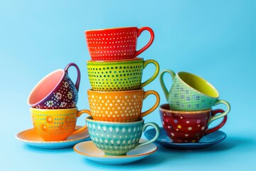 Composition of bright colorful ceramic mugs stacked on round shaped saucer against blue background - generative ai