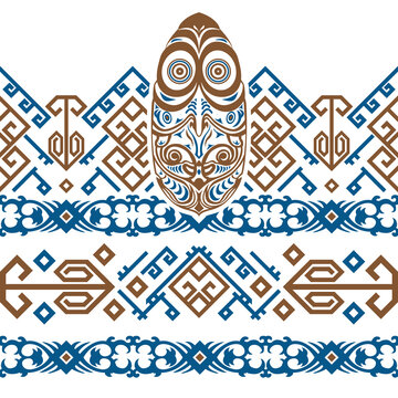 Pattern Tenun Ethnic Bird on Blue Brown Colour Scheme
