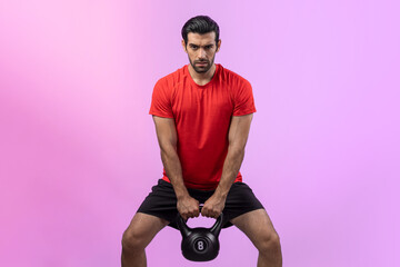 Full body length gaiety shot athletic and sporty young man with fitness in squat exercise posture...