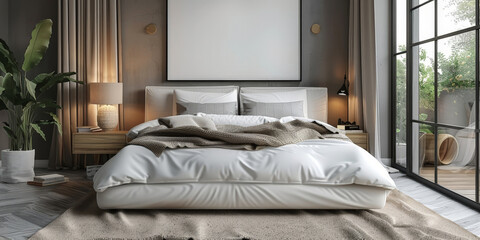 bedroom interior background, empty white blank square picture frames above bed, with dry pland and beige furniture