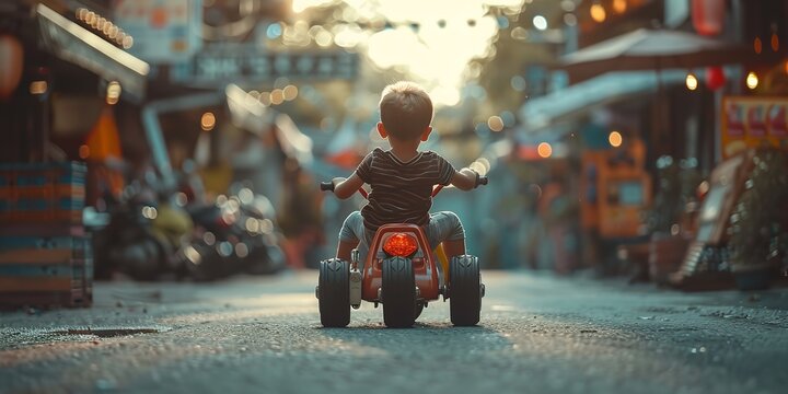 A little boy riding a pedal car on street among woods with a big space and blurry backdrop for text or product advertisement, Generative AI.
