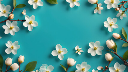 Beautiful spring nature background, lovely blossom, petal a on turquoise blue background , top view, frame. Springtime concept