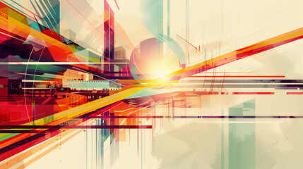 Abstract background with vibrant geometric shapes and lines, representing modern design elements, high-resolution illustration style.