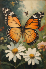 Fototapeta premium Vintage painting art, closeup butterfly in garden, vertical orientation