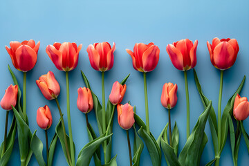 Spring tulip flowers on blue background top view in flat lay style, suitable for women's day, mother's day or spring sale banner.