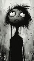 kids style stick drawing scared creepy with dark gloomy atmosphere 