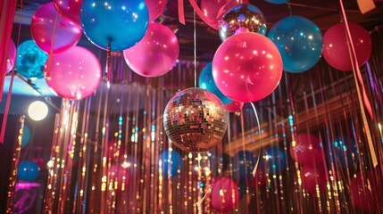 A decorated venue with streamers balloons and disco balls giving off a nostalgic feel for the adult prom theme.