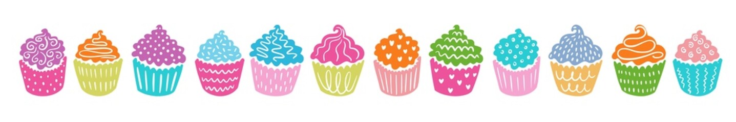 Illustration of a horizontal pattern from a collection of cupcakes, muffins, hand-drawn in the style of doodles