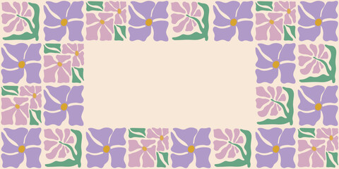 Colorful retro style rectangular frame featuring lavender flowers. Vintage style hippie clipart element design collection. Hand drawn nature collage, summer blank template with flowers.