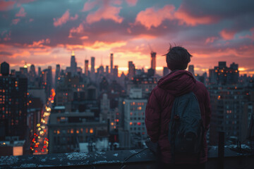 Rooftop Hangout - City Skyline: Generate an image of a young man hanging out on a rooftop with friends, dressed in stylish urban wear, enjoying the city skyline and the rooftop vibe.