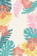 Abstract Summer background with tropical leaves and flowers with overlay effect. Cover for web banner, social media banner, postcard, invitation. Summer vacation concept.Beach theme.