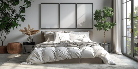 bedroom interior background, empty white blank square picture frames above bed, with dry pland and beige furniture