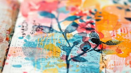 A closeup of a page in an artistic journal featuring journaling prompts and colorful watercolor illustrations.