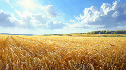 detailed and vibrant image of a vast wheat field, capturing the essence of a serene