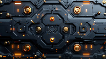 Abstract futuristic texture background concept design for high-technology interface presentation. Minimal details of a low relief 3d elements in rigid black color and glowing neon orange lights.