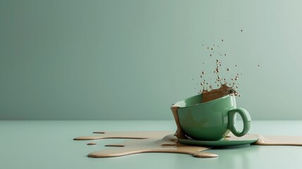 A green teacup on its side with creamed coffee spilling out into a round puddle on a white table