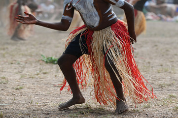 Indigenous Australians man on ceremonial dance in Laura Quinkan Dance Festival Cape York Australia