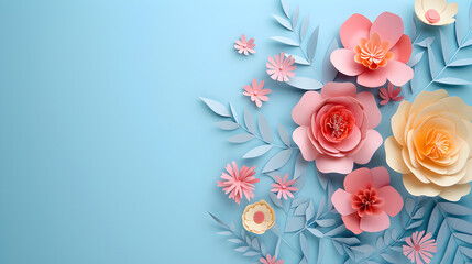 Paper cut flowers on pastel blue background with copy space, perfect for spring-themed decorations, Mother's Day or birthday crafts.