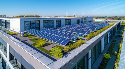 Modern Office Building with Solar Panels on Rooftop, Clear Sky Background, Aerial View, Showcasing Sustainable Energy and Eco-Friendly Design