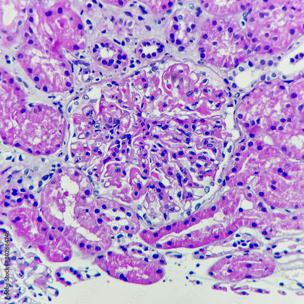 Poster Camera photo of lupus nephritis showing wireloop with hyaline thrombi, magnification 400x, photograph through a microscope