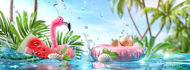 Summer festive background 3d vector realistic illustration Flamingo inflatable toy, watermelon, palm trees, shell, water splash - obrazy, fototapety, plakaty