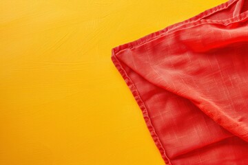 top view with red empty kitchen napkin isolated on table background. Folded cloth for mockup with copy space, Flat lay. Minimal style - generative ai