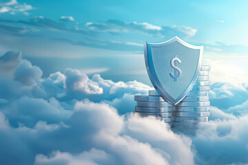 Shield with Dollar symbol on a stack of silver coins against a cloudy sky, concept of financial stability and protection.