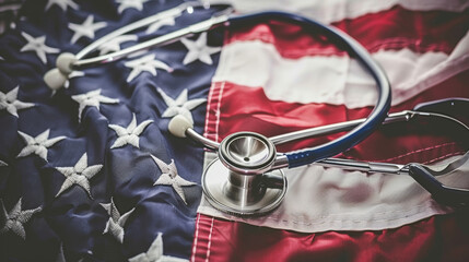 stethoscope on American flag healthcare concept