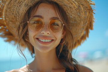 Summer Fashion Fun - Beach Day Outfit: A young female adult at the beach, wearing a stylish summer outfit with a straw hat and sunglasses, smiling and enjoying the sunny weather.