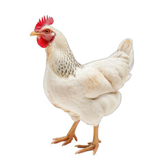 Fototapeta premium A white chicken with a red comb stands on a white background