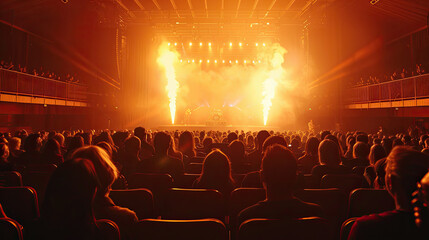 auditorium at a metal concert and a fiery stage in the distance