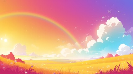 Enthralling abstract panorama with a rainbow’s arc over a golden-lit, tranquil terrain