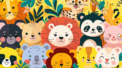 Fototapeta premium background is surrounded with animals like lion, cat, panda, dog, colored