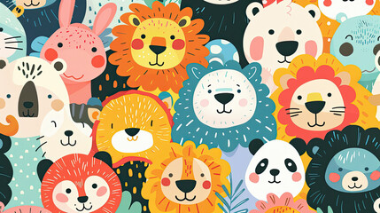 Fototapeta premium background is surrounded with animals like lion, cat, panda, dog, colored