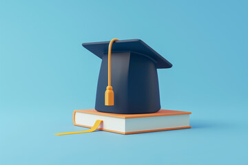 Graduation cap placed on an orange book, showcasing contemporary educational styles and vibrant learning environments, concept of innovative education and dynamic academic settings. 3D render