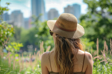 Urban Park Relaxation - Summer Vibes: Back view of a young woman relaxing in an urban park, dressed in a summer outfit with a sun hat and sunglasses, enjoying the greenery and cityscape.