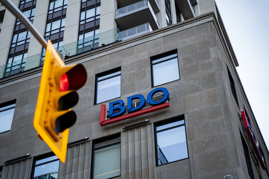 BDO logo sign. BDO (Binder Dijker Otte) is an international network of public accounting, tax, consulting and business advisory firms. Toronto, Canada - April 29, 2024.
