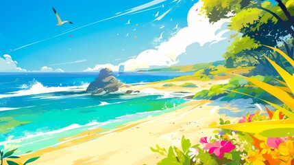 Abstract background of a serene beach scene with lush foliage and azure waters, invoking calm and beauty