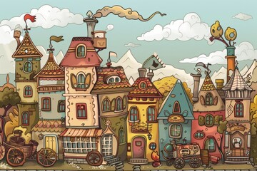 Cartoon cute doodles of a charming steampunk village nestled in the countryside, where characters live in whimsical brass-accented cottages and travel, Generative AI